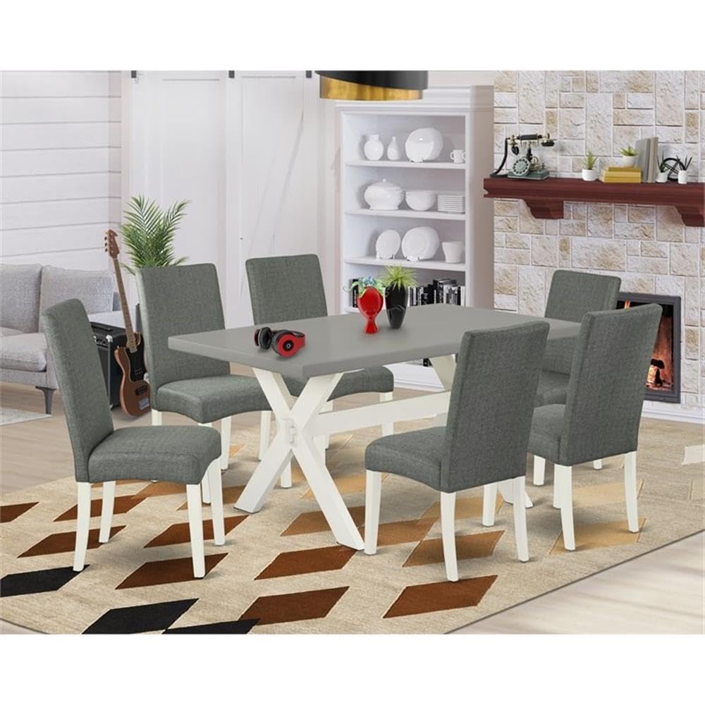 East West Furniture X096Dr207-7 7 Piece Modern Dining Table Set Consist Of A Rectangle Wooden Table With X-Legs And 6 Gray Linen Fabric Upholstered Parson Chairs, 36X60 Inch, Multi-Color